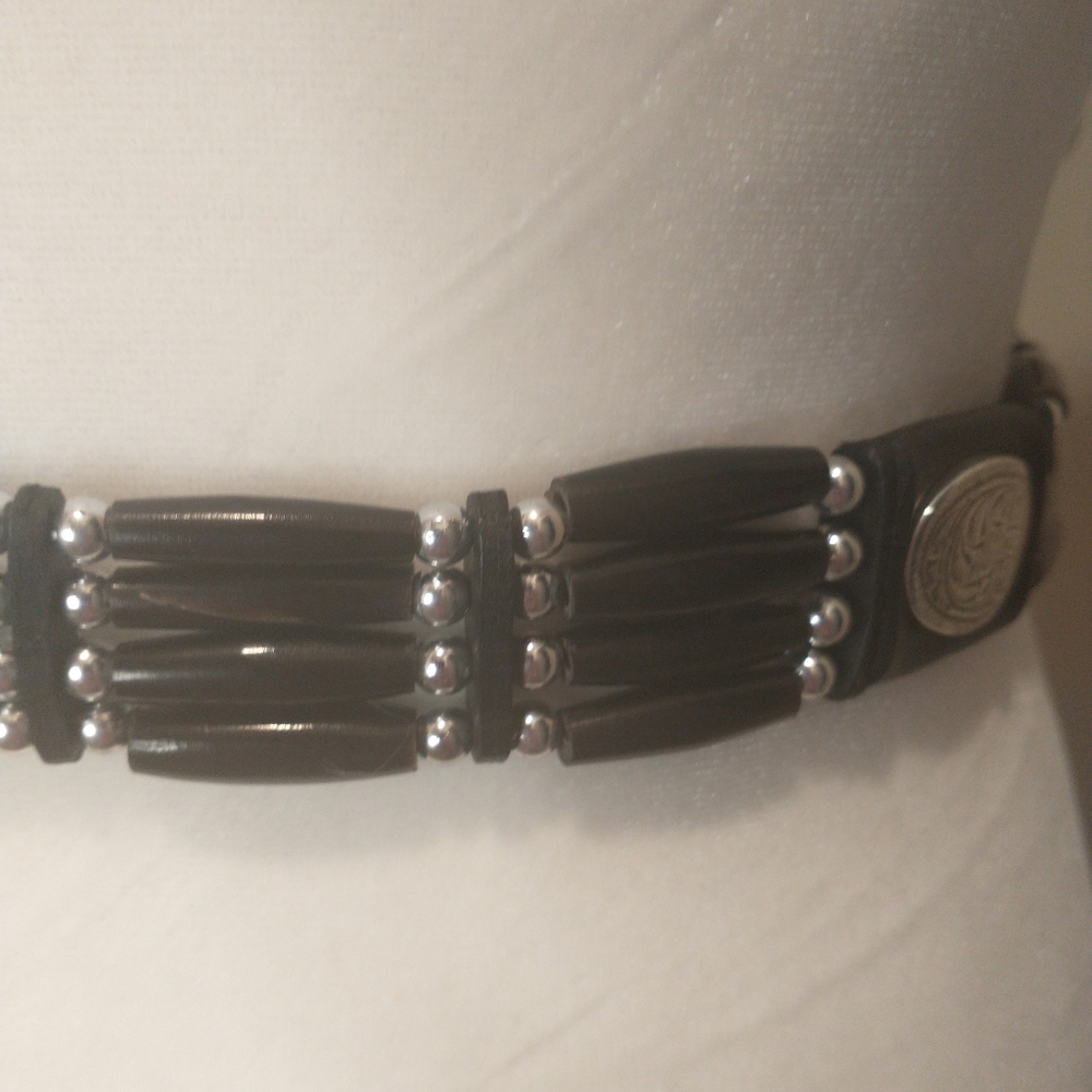 Vintage Black Leather Motorcycle Belt with Silver And Beaded Accents - 28 Inch - Picture 5 of 13